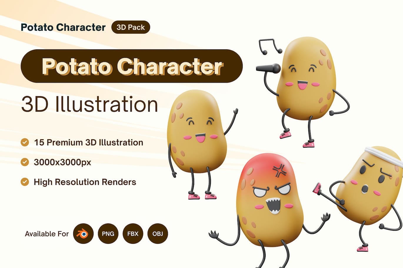 土豆角色卡通面部表情3D图标 (PNG,Blend)