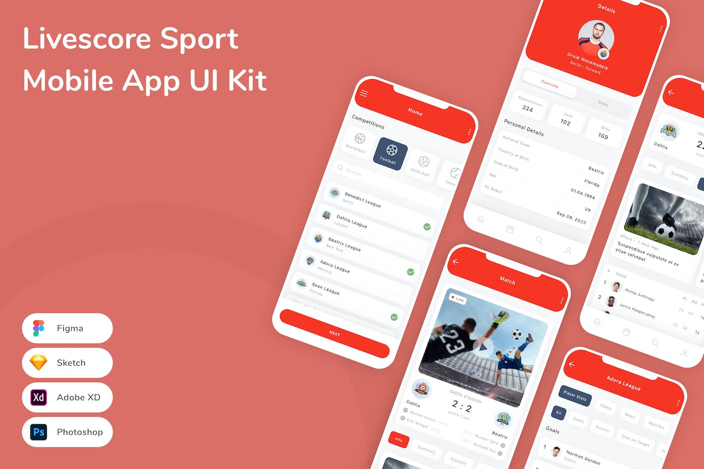 在线直播体育 App UI Kit (FIG,PSD,SKETCH,XD)