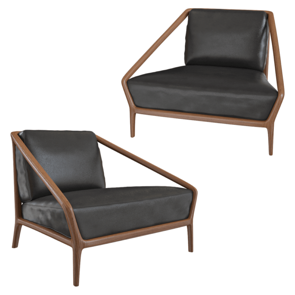 Ceccotti Collezioni Rive Droite棕色木质边框 厚黑色皮革软垫扶手椅3D模型（OBJ,FBX,MAX）