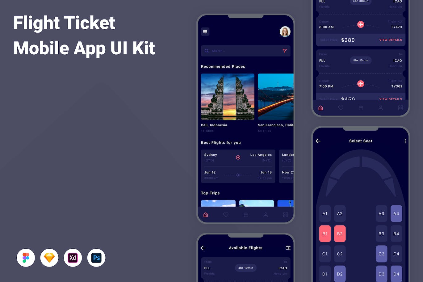 机票移动应用APP UI KIT (FIG,SKETCH,XD,PSD)