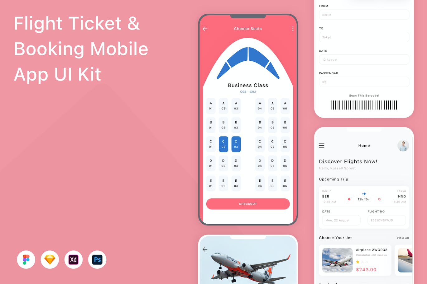 机票和预订移动应用APP UI KIT (FIG,PSD,SKETCH,XD)