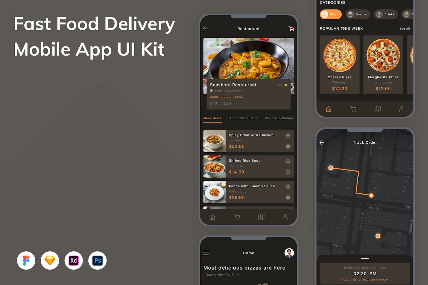 快餐配送移动应用 App UI Kit (FIG,PSD,SKETCH,XD)