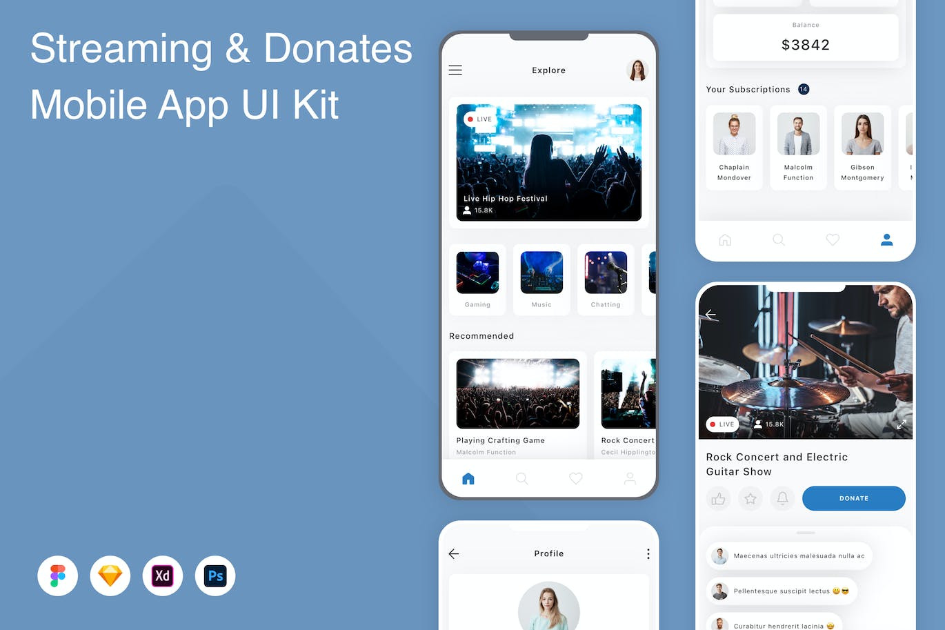 流媒体和捐赠移动应用 App UI Kit (FIG,PSD,SKETCH,XD)