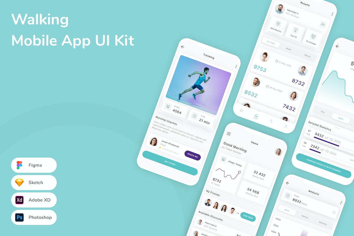 行走记步移动应用App UI Kit (FIG,PSD,SKETCH,XD)