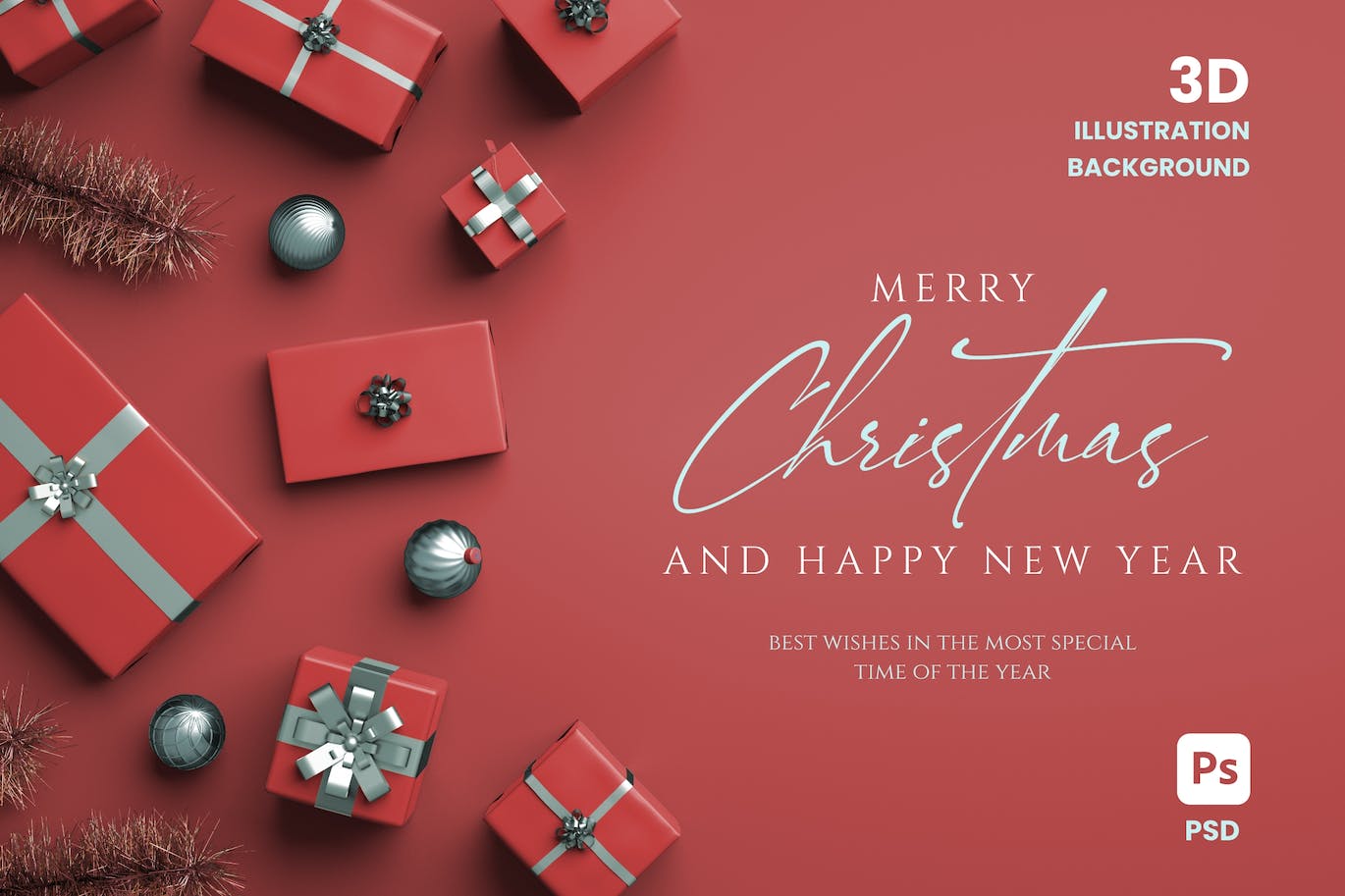 圣诞快乐3D插图背景和礼物 (PSD,JPG)