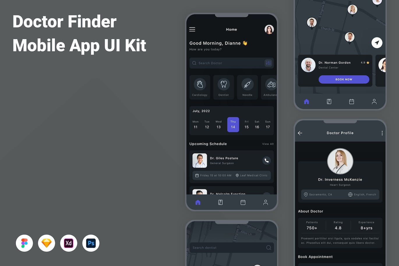 医生查找器移动应用APP UI KIT (FIG,PSD,SKETCH,XD)