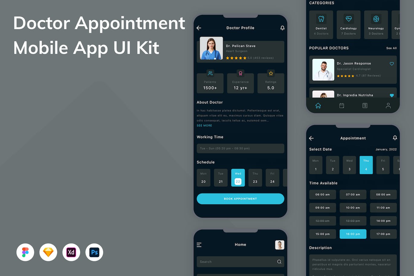 医生预约 App UI Kit (FIG,SKETCH,PSD,XD)