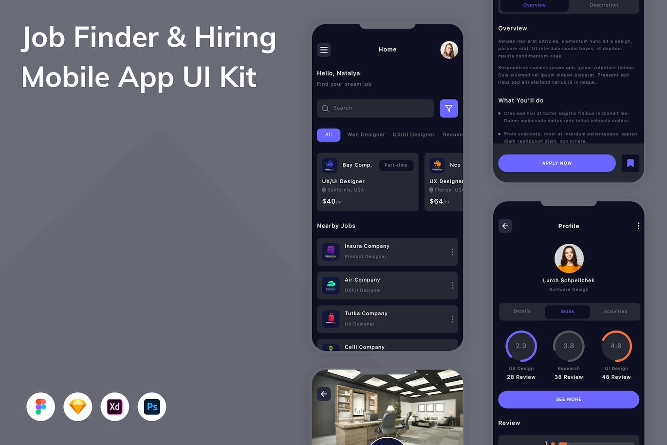 求职者和招聘移动应用APP UI KIT (FIG,PSD,SKETCH,XD)