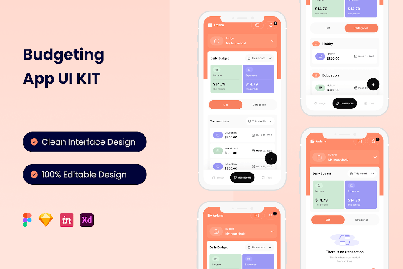 预算管理移动应用APP UI KIT (FIG,SKETCH,XD)