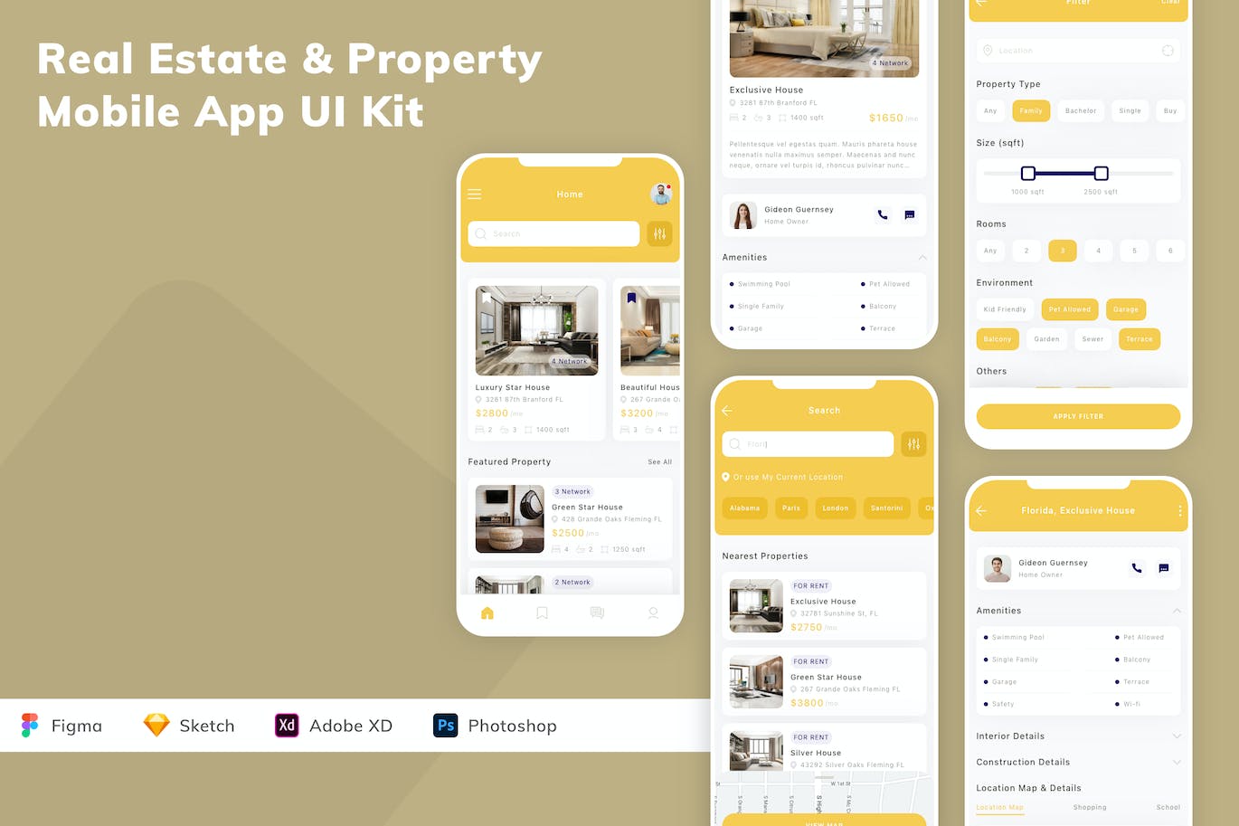 房地产和物业移动应用 App UI Kit (FIG,PSD,SKETCH,XD)
