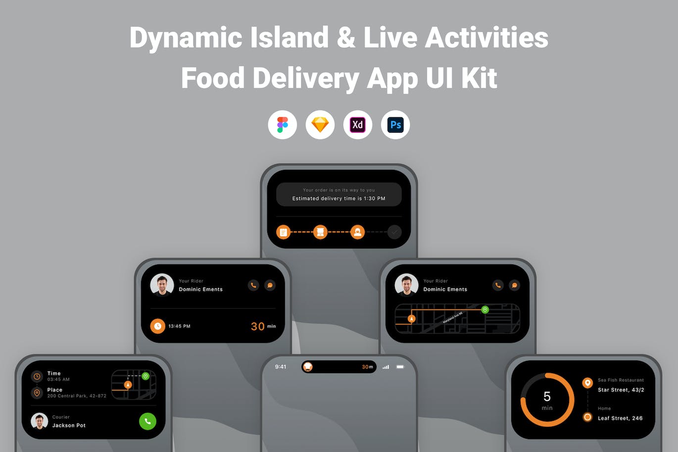 动态岛和现场活动食物配送用户界面APP UI KIT (FIG,SKETCH,XD,PSD)