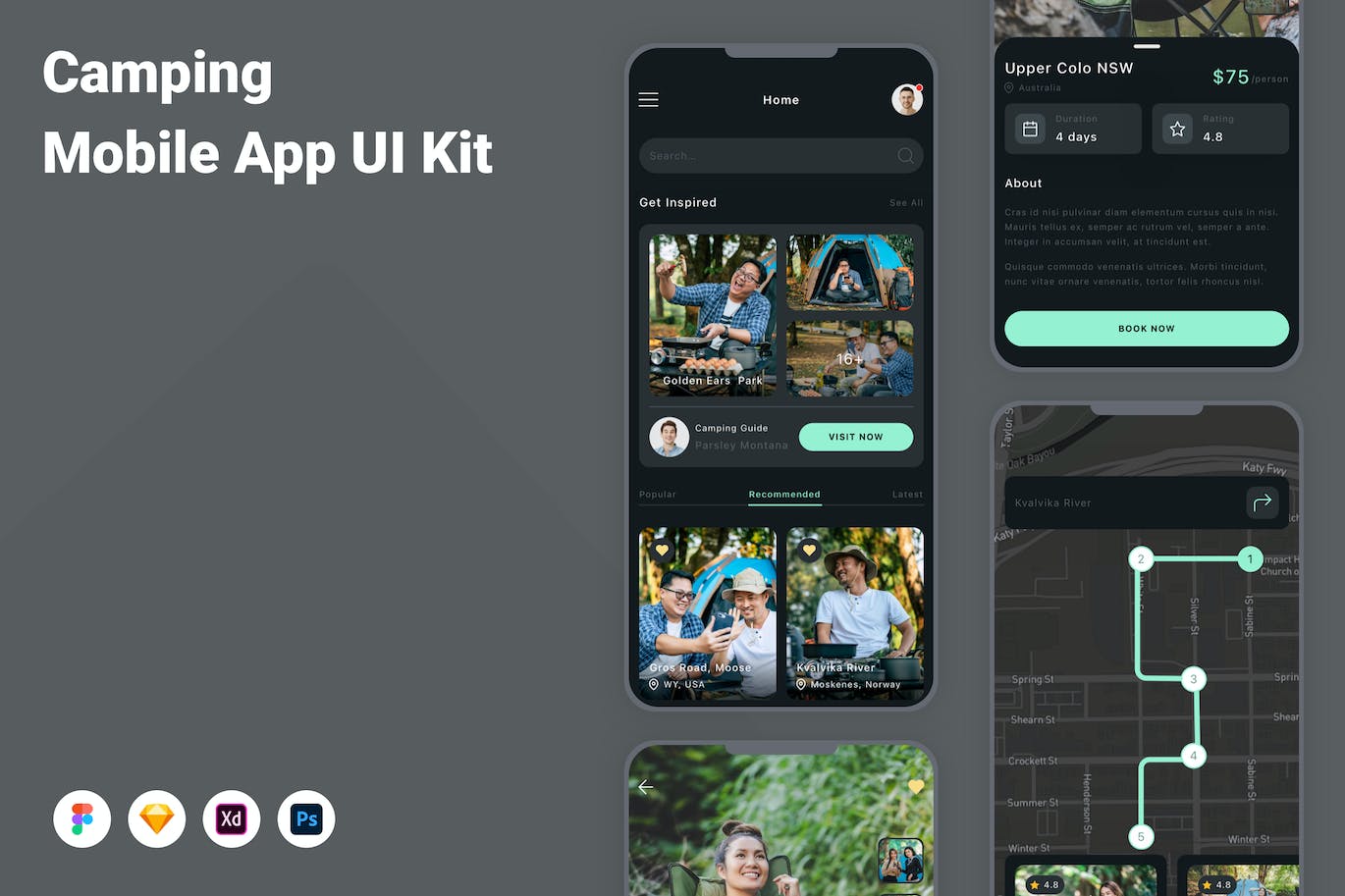 露营移动应用APP UI KIT (FIG,SKETCH,XD,PSD)