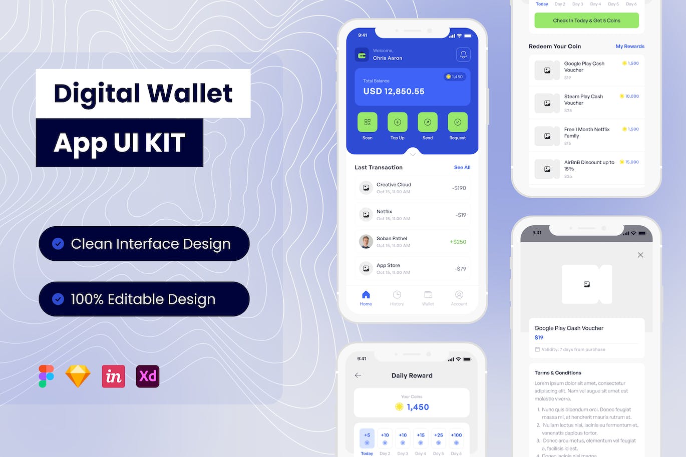 数字钱包移动应用APP UI KIT (FIG,SKETCH,XD)