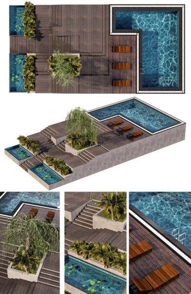 包含绿植景观和太阳椅的室外泳池3D模型（FBX,MAX）