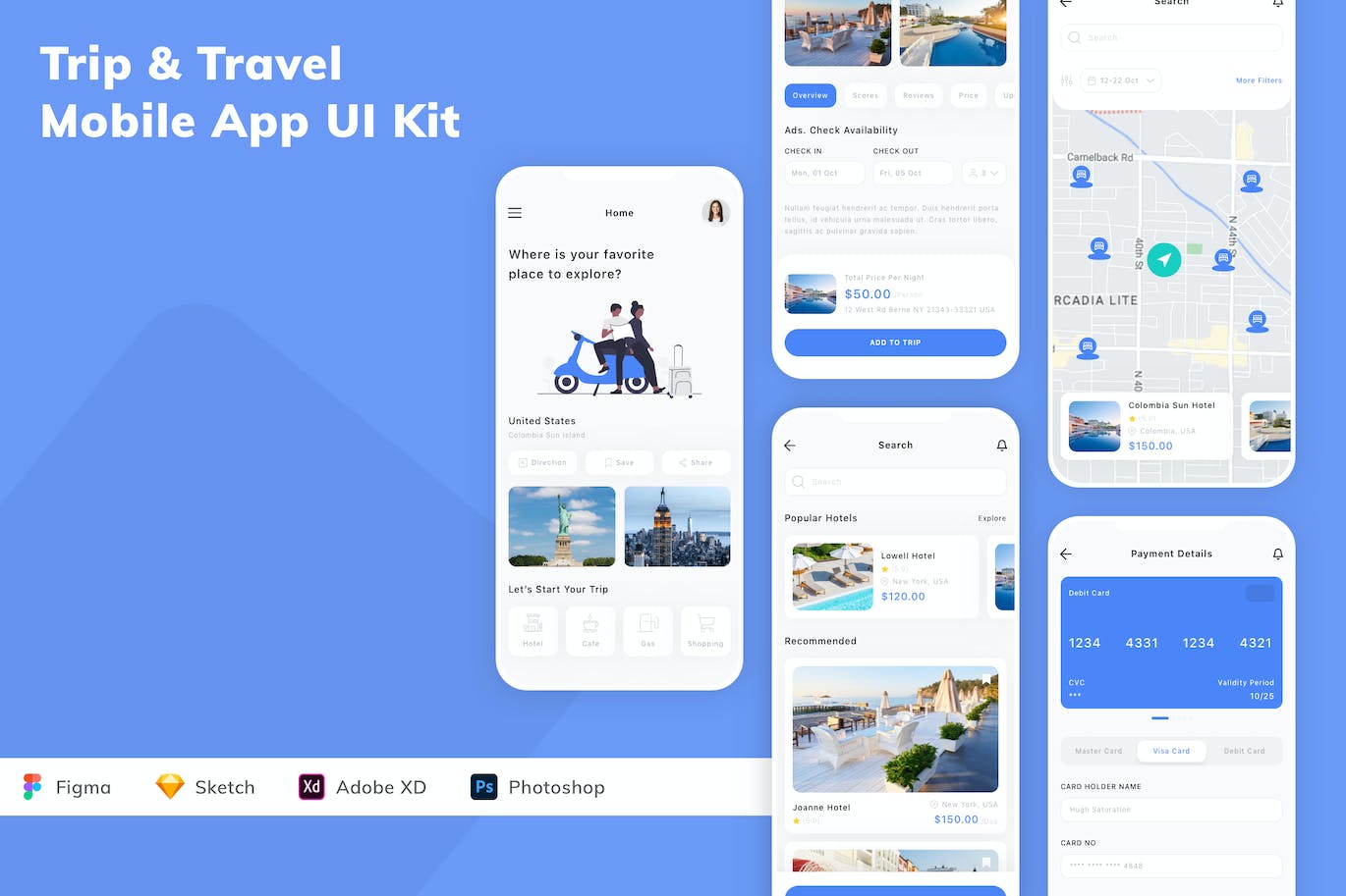 旅行和旅游移动应用App UI Kit (FIG,PSD,SKETCH,XD)