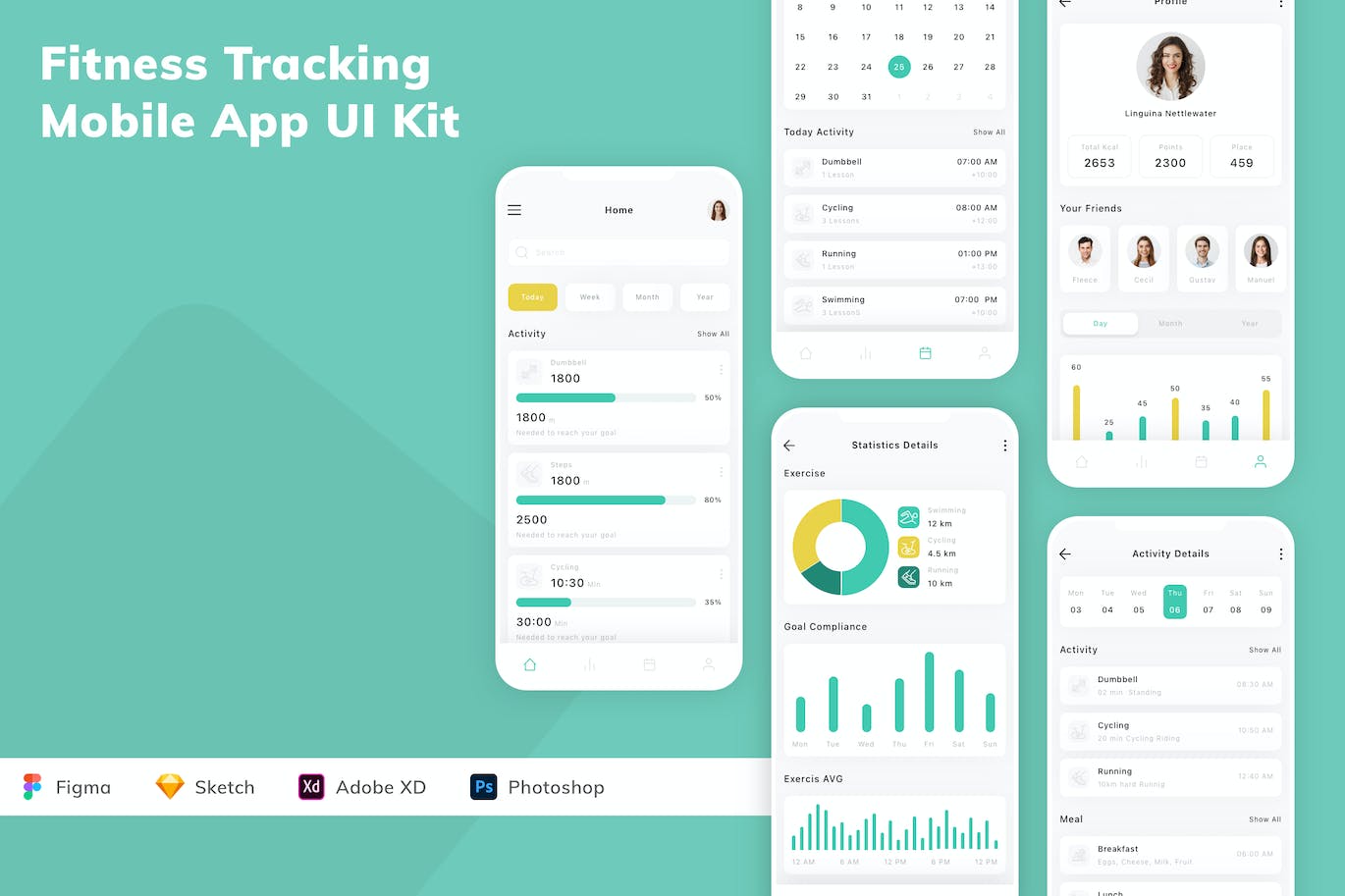 健身追踪移动应用APP UI KIT (FIG,PSD,SKETCH,XD)