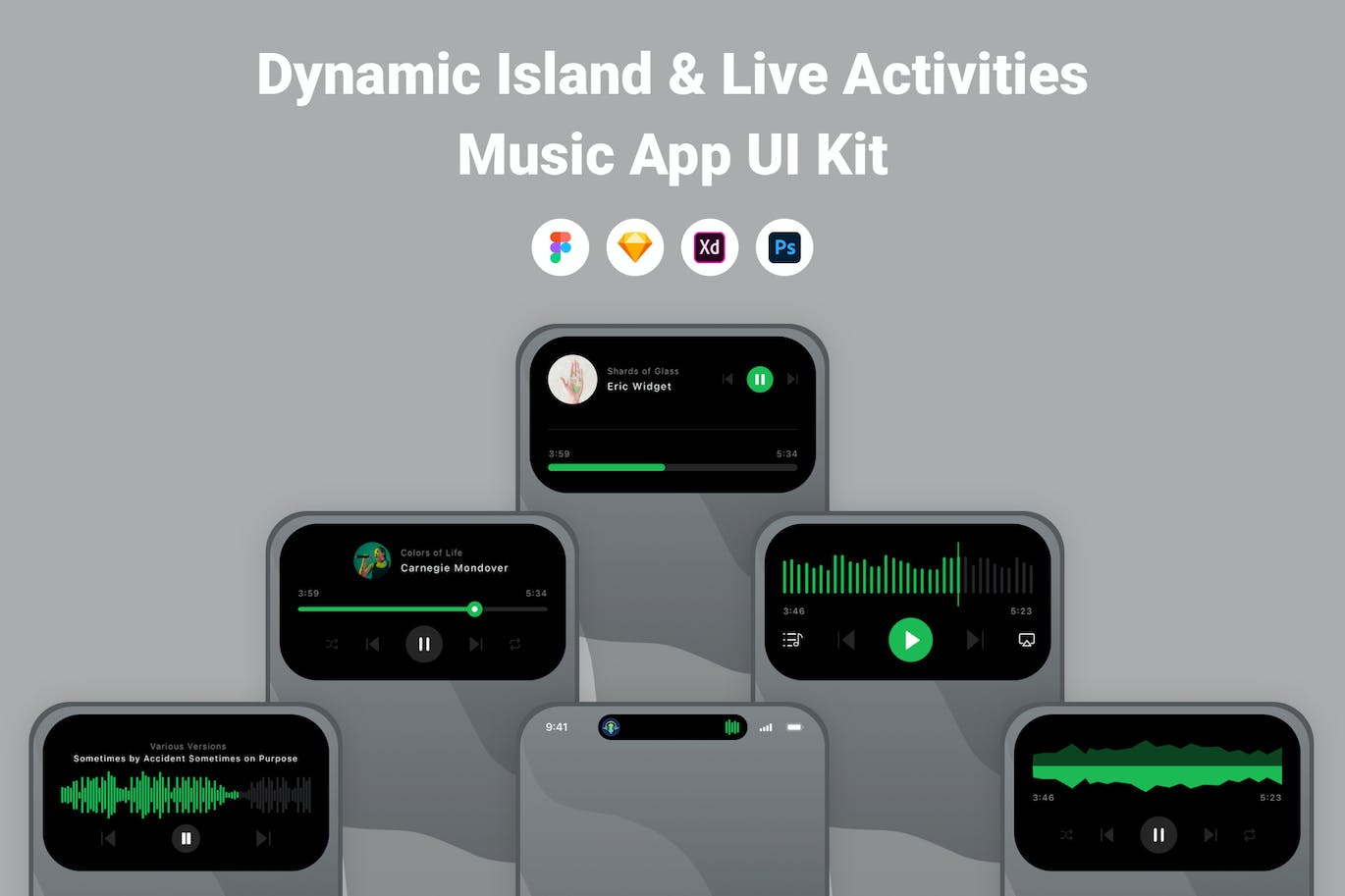 灵动岛&音乐信息 App UI Kit (FIG,SKETCH,XD,PSD)