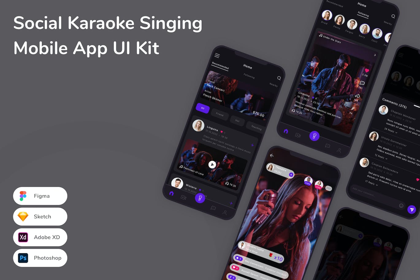 社交卡拉OK演唱手机应用 App UI Kit (FIG,PSD,SKETCH,XD)