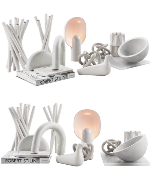包含多种陶瓷工艺品 台灯 花瓶 书籍等白色系装饰组合3D模型（OBJ,FBX,MAX）