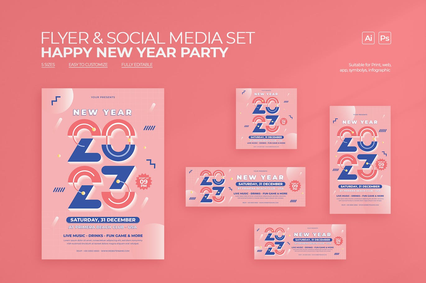新年派对传单和社交媒体帖子集 (AI,PSD)