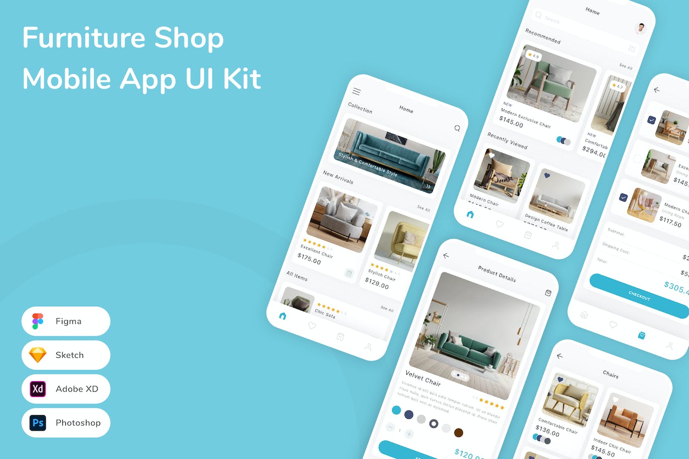 家具店移动应用 APP UI KIT (FIG,PSD,SKETCH,XD)