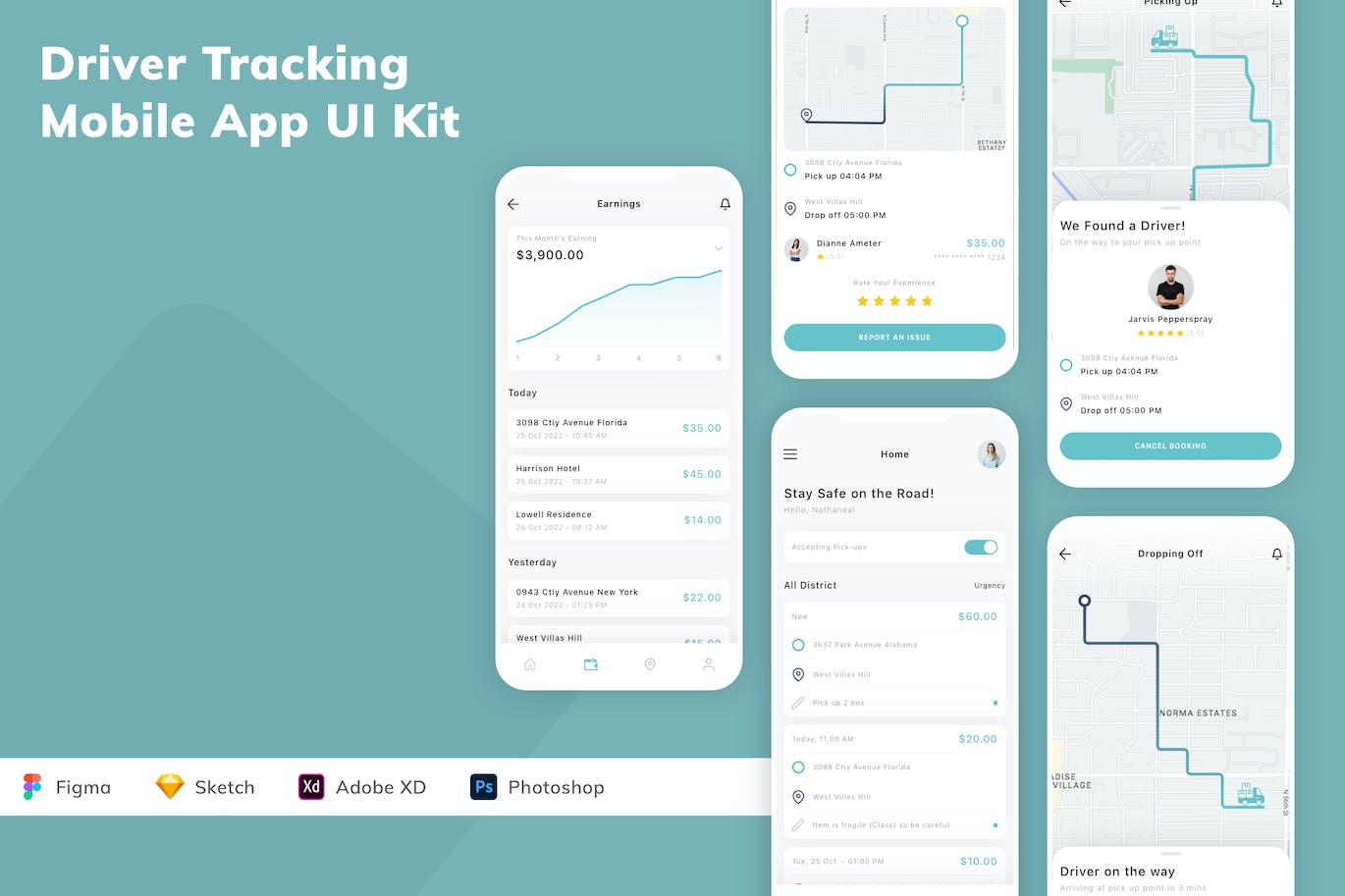 驾驶员跟踪移动应用APP UI KIT (FIG,PSD,SKETCH,XD)