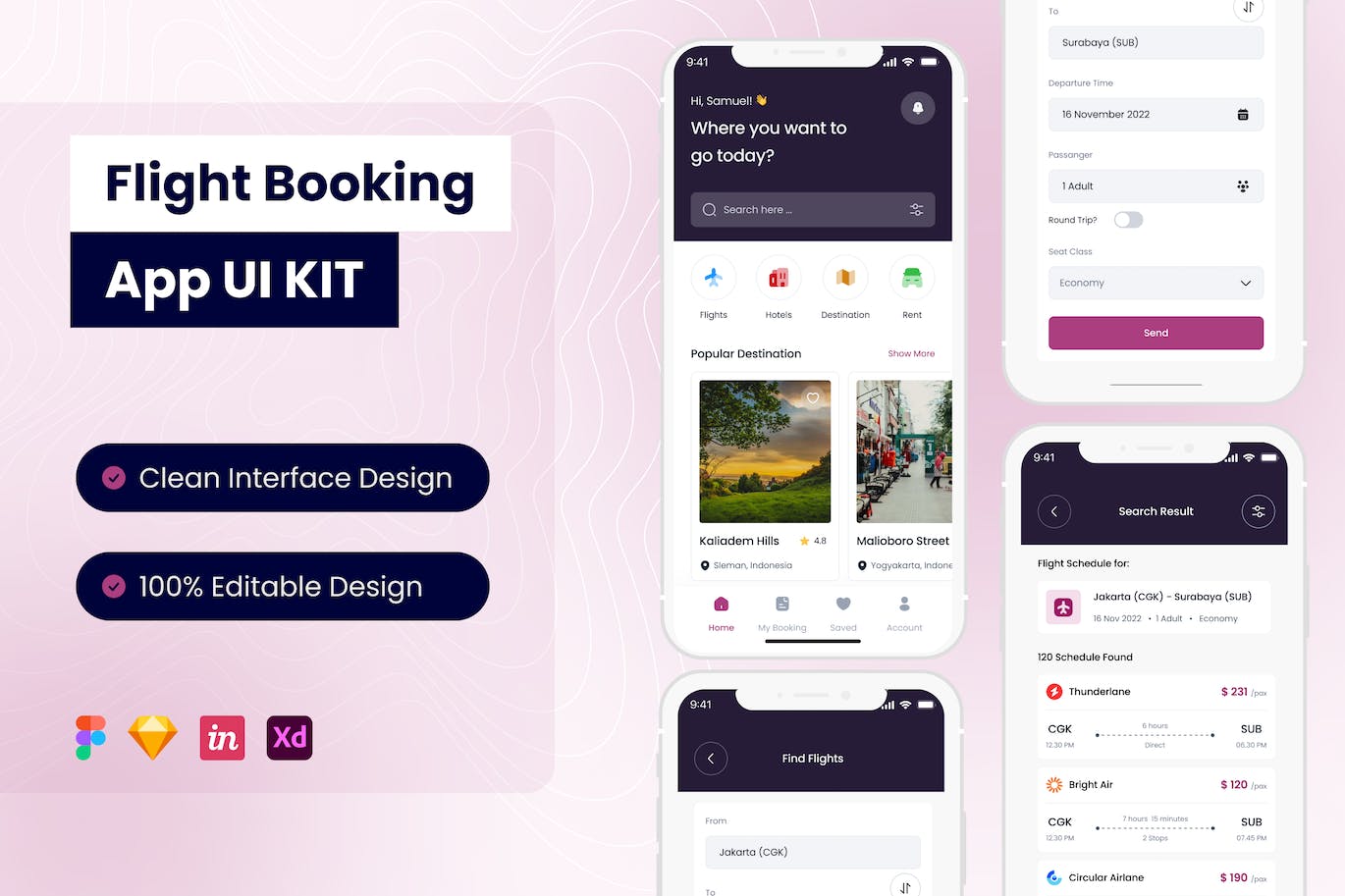 航班预订手机应用 App UI Kit (FIG,SKETCH,XD)