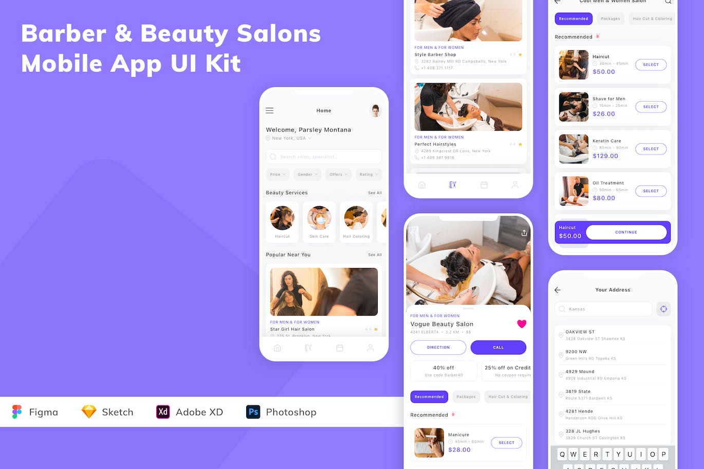 理发店和美容院移动应用 App UI Kit (FIG,PSD,SKETCH,XD)