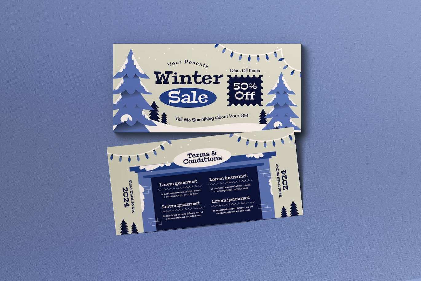 蓝色平面设计冬季销售优惠券模板 (AI,PSD)