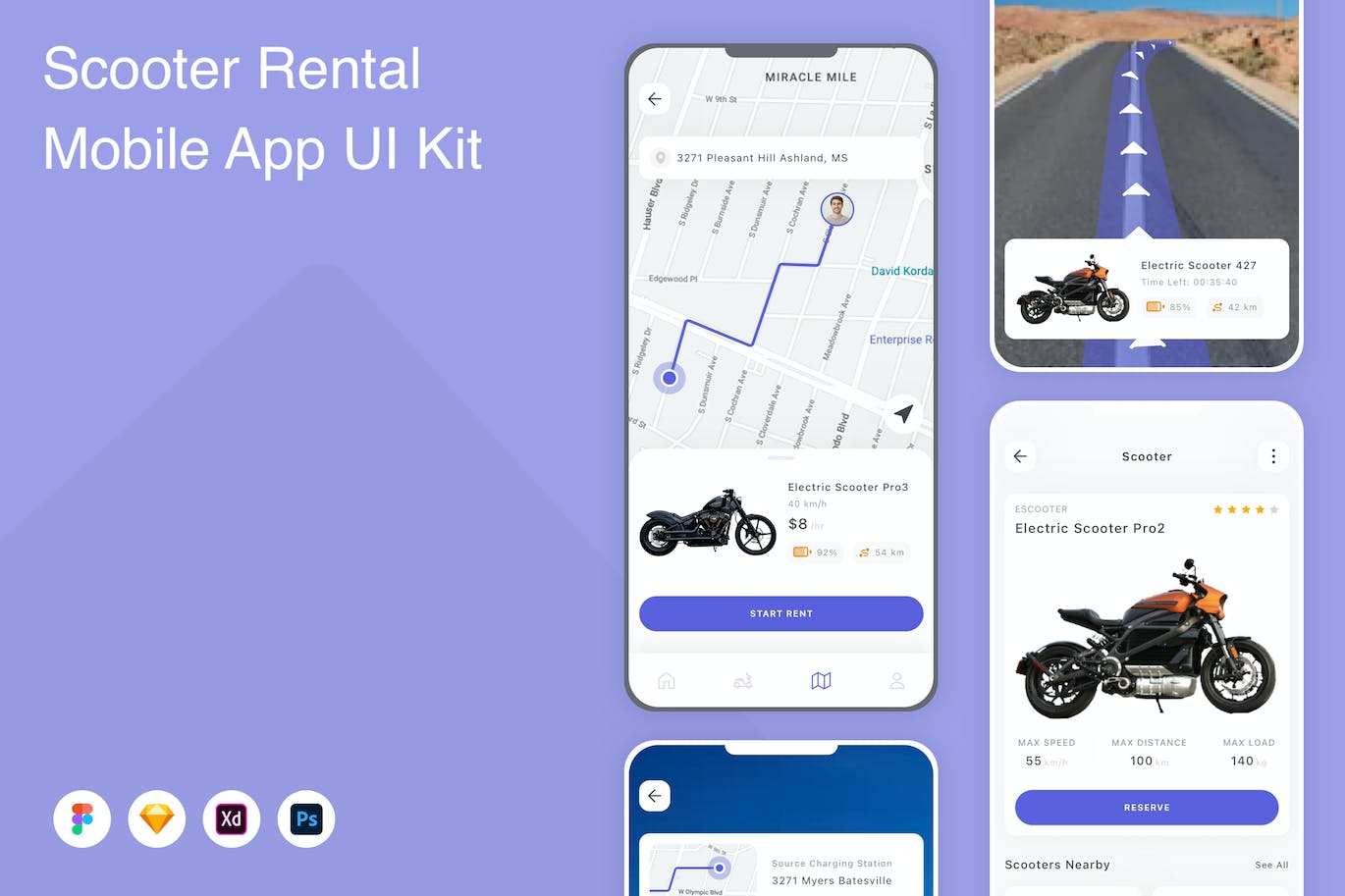 滑板车租赁移动应用 App UI Kit (FIG,SKETCH,PSD,XD)