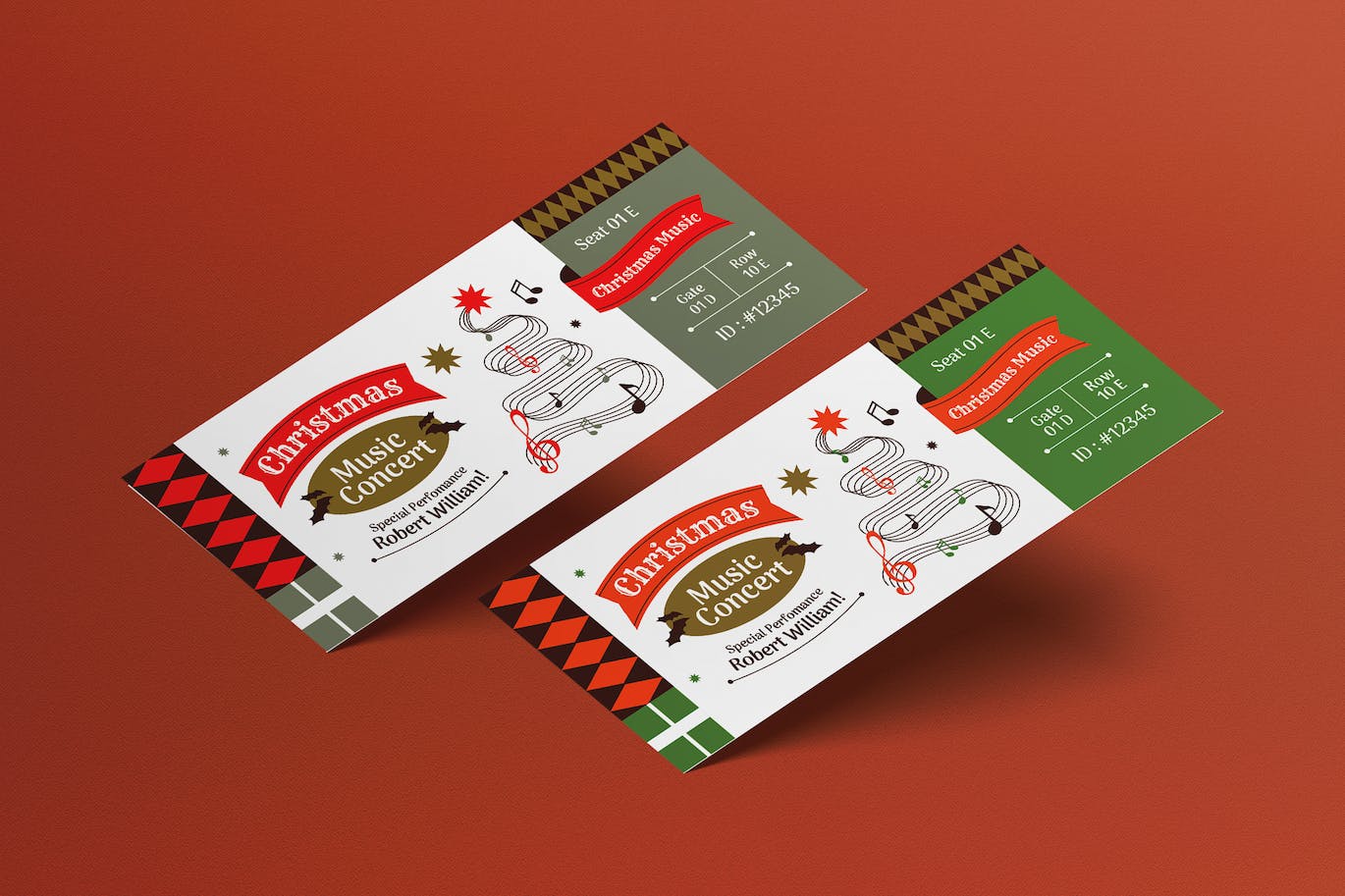 红色平面设计圣诞音乐会门票模板 (AI,PSD)