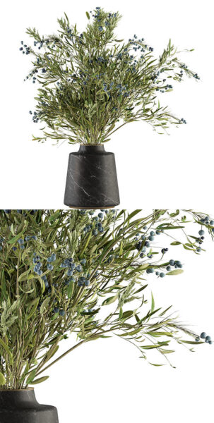 黑色花瓶中的绿色树枝3D模型（OBJ,MAX）