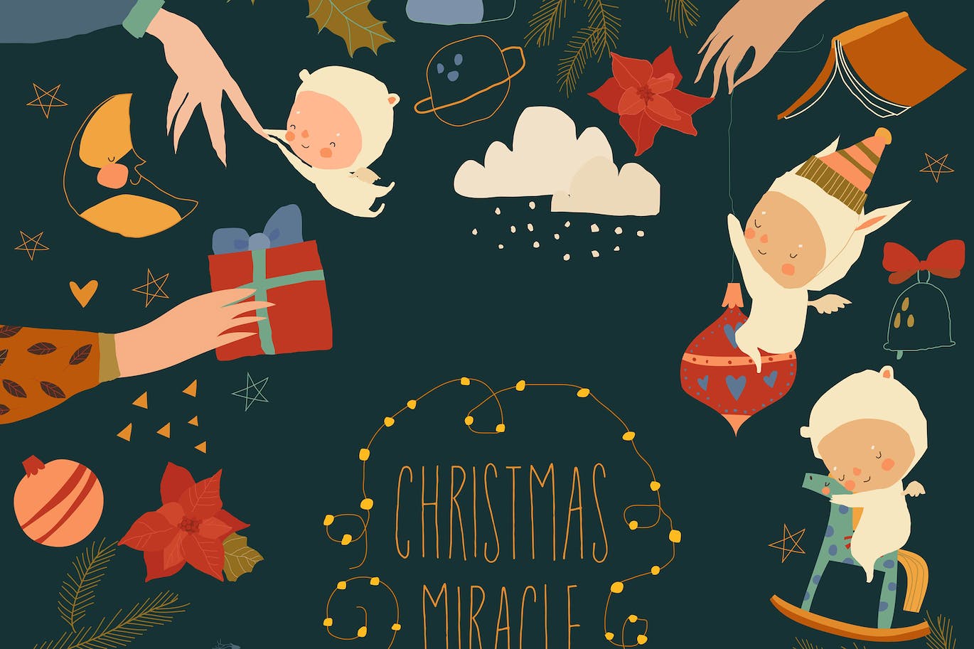 矢量圣诞快乐派对海报与天使 (AI,EPS,JPG,PNG)