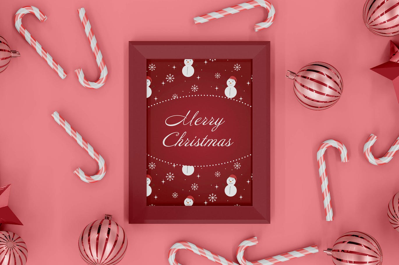 粉色圣诞装饰画框相框样机模板 (PSD)