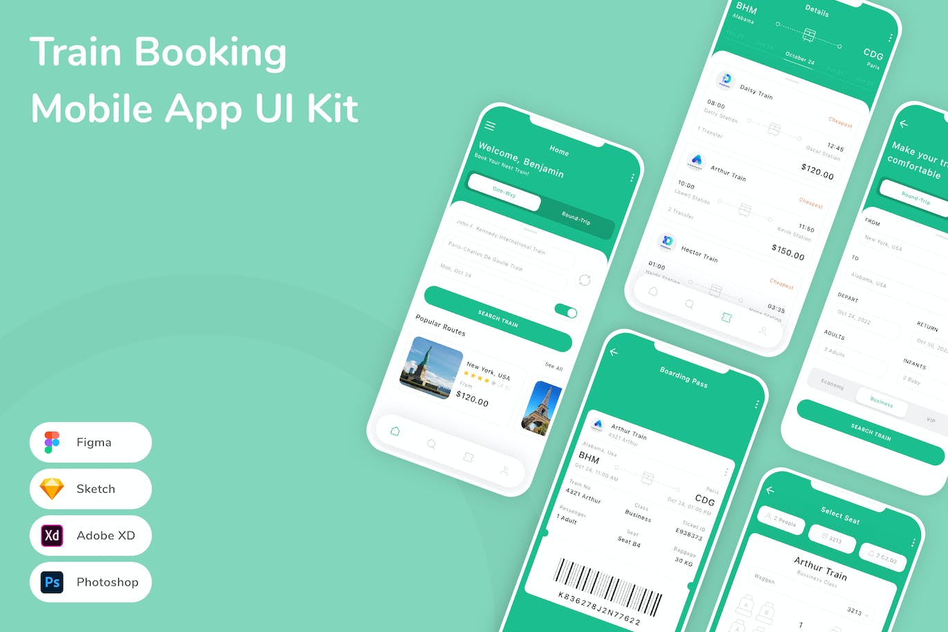 火车预订移动应用APP UI KIT (FIG,PSD,SKETCH,XD)