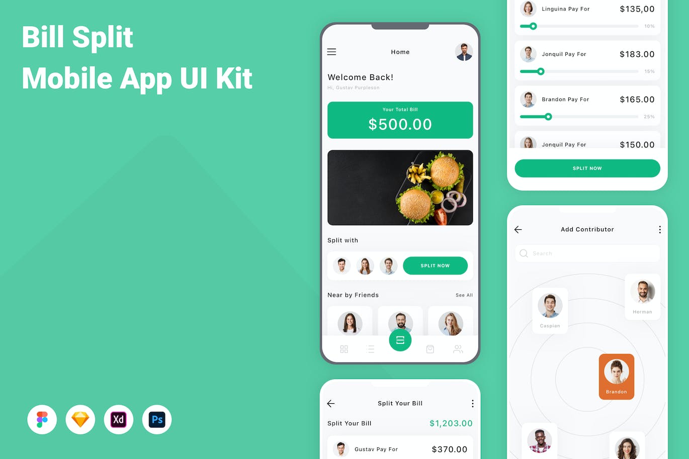 账单拆分移动应用APP UI KIT (FIG,PSD,SKETCH,XD)