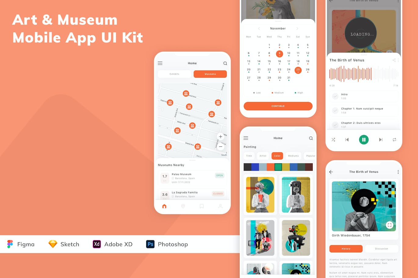 艺术与博物馆移动应用APP UI KIT (FIG,PSD,SKETCH,XD)