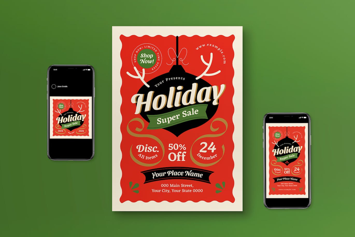 红色平面设计圣诞假日销售海报传单集 (AI,PSD)