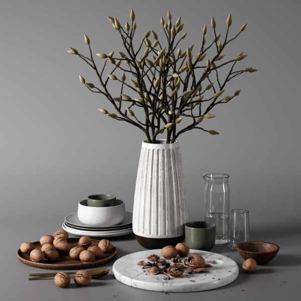 包含盘碗 核桃 和玉兰花苞的厨房装饰组合3D模型（OBJ,FBX,MAX）