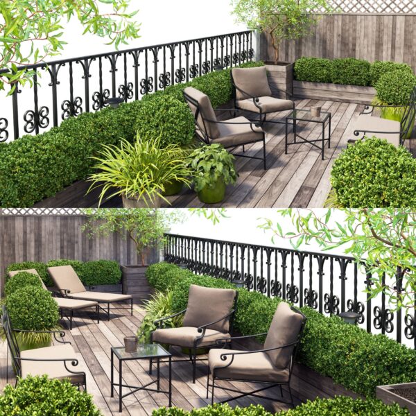 包含绿植和户外家具的阳台景观 阳台休闲区3D模型（FBX,MAX）