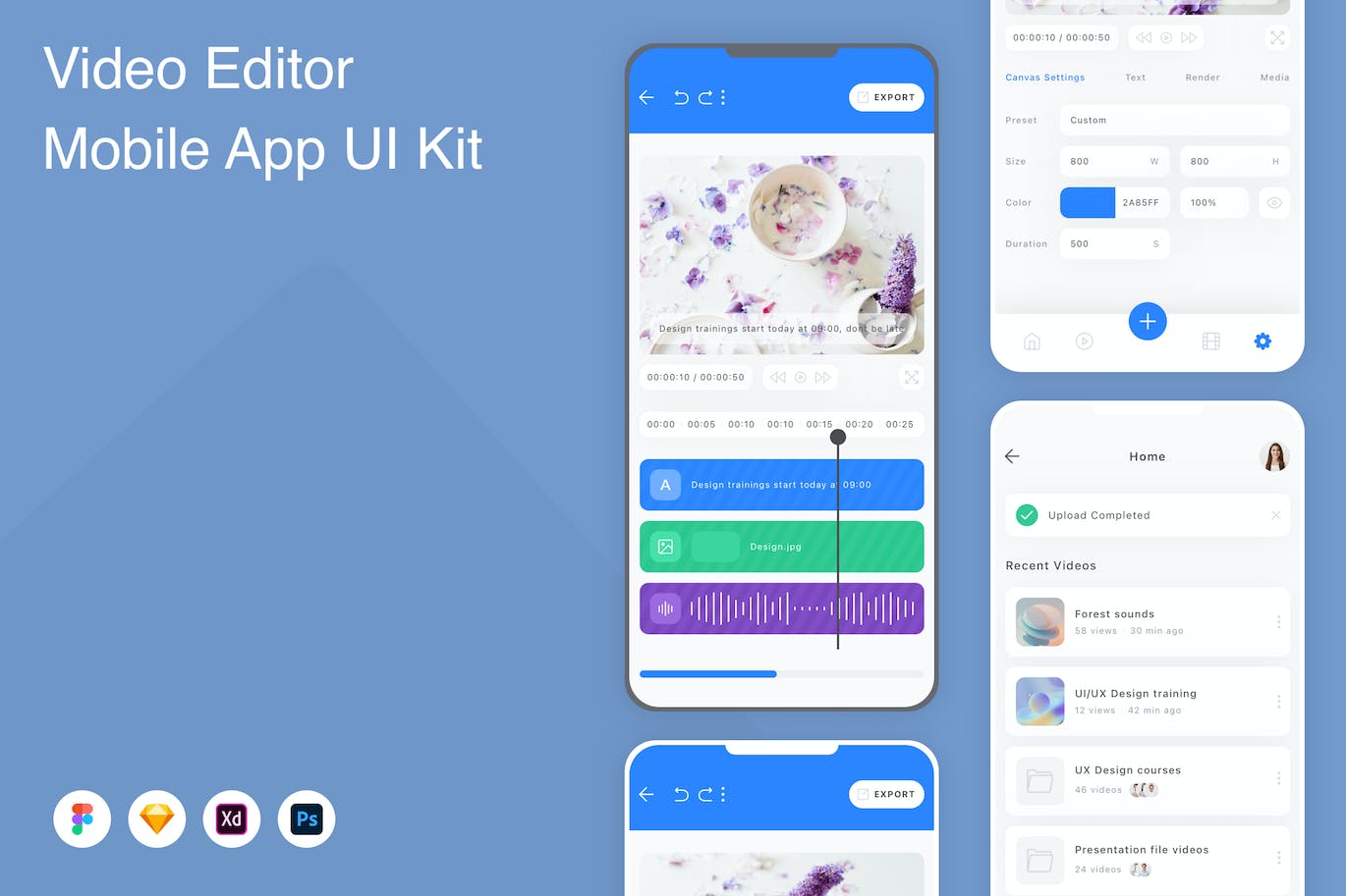 视频编辑器移动应用APP UI KIT (FIG,PSD,SKETCH,XD)