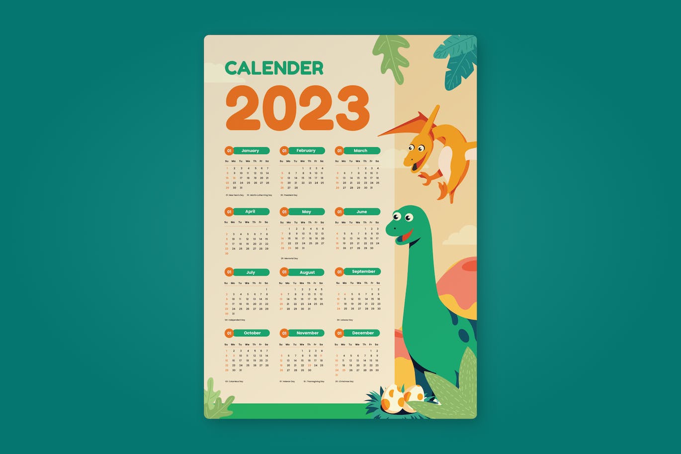 可爱卡通恐龙年份日历设计模板 (AI,EPS,PSD)
