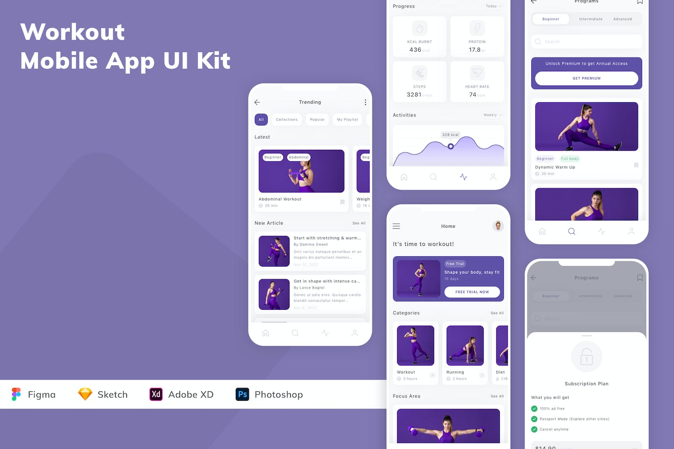 健身手机应用 App UI Kit (FIG,PSD,SKETCH,XD)