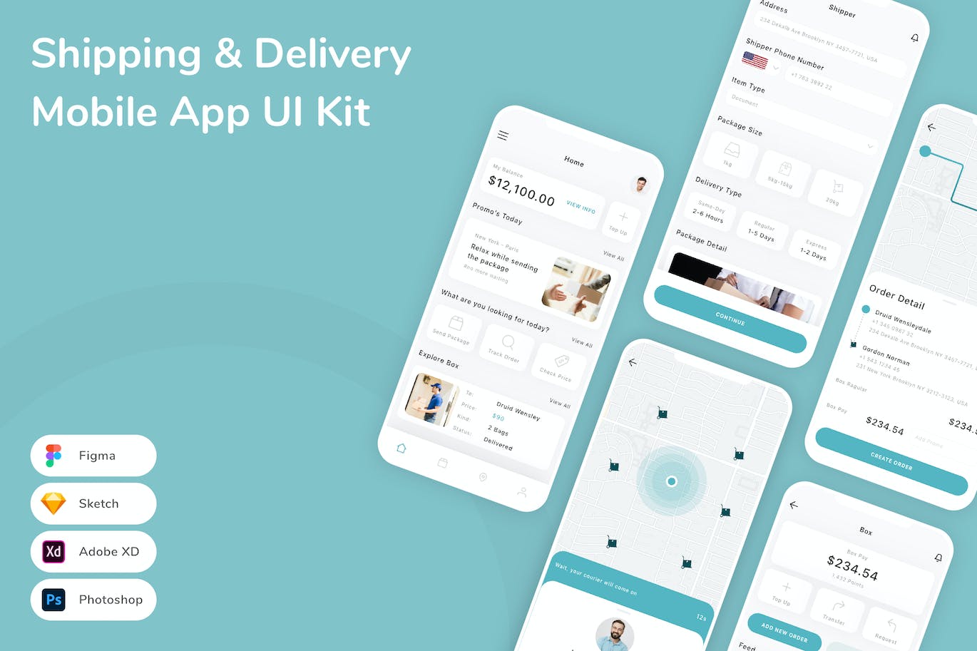 发货和交付移动应用APP UI KIT (FIG,PSD,SKETCH,XD)