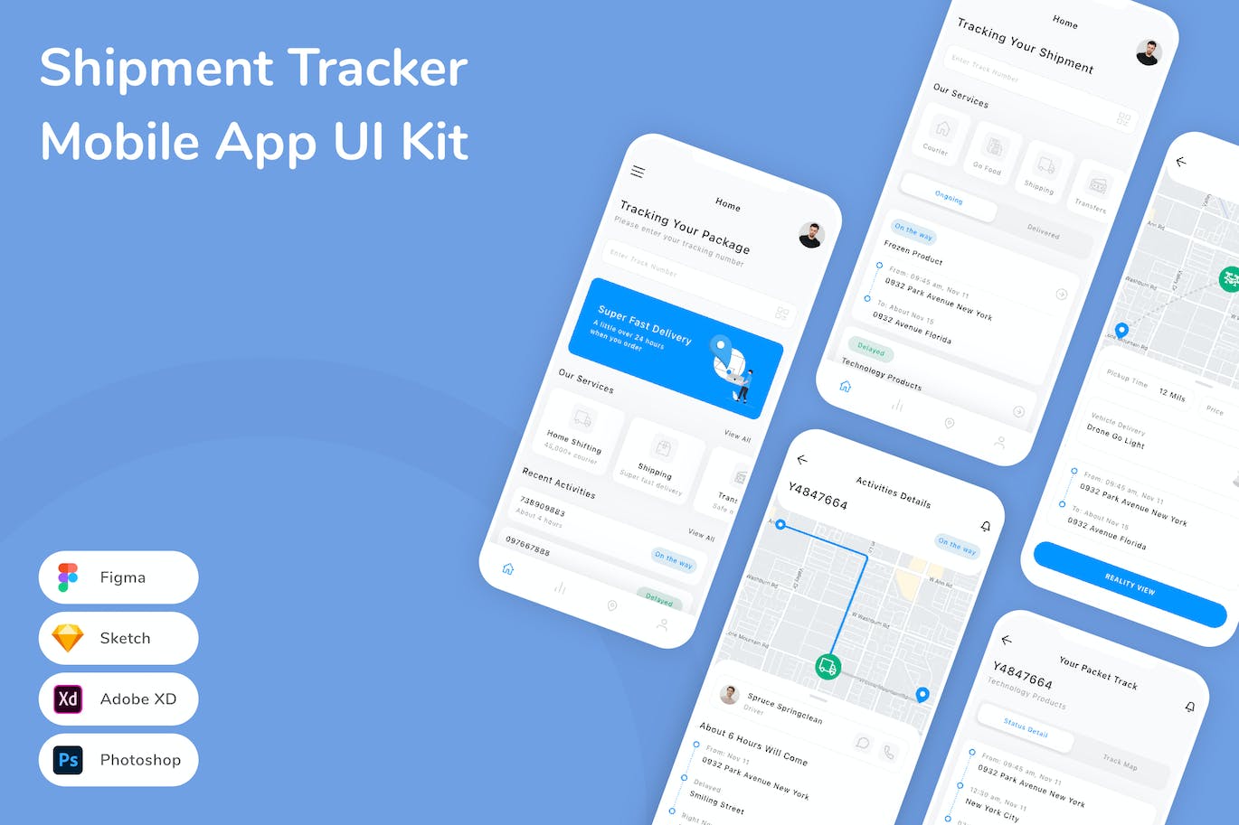 发货跟踪器移动应用APP UI KIT (FIG,PSD,SKETCH,XD)