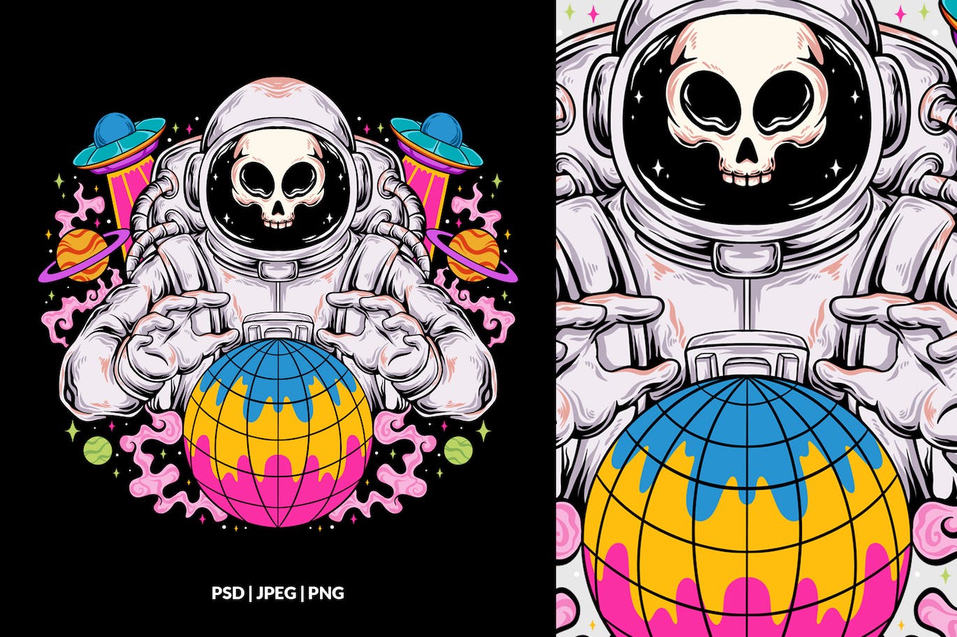 🔴时尚高端绚丽的宇航员骷髅头插画-PSD