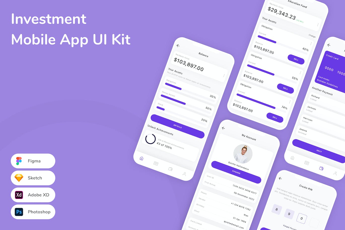 投资移动应用 APP UI KIT (FIG,PSD,SKETCH,XD)