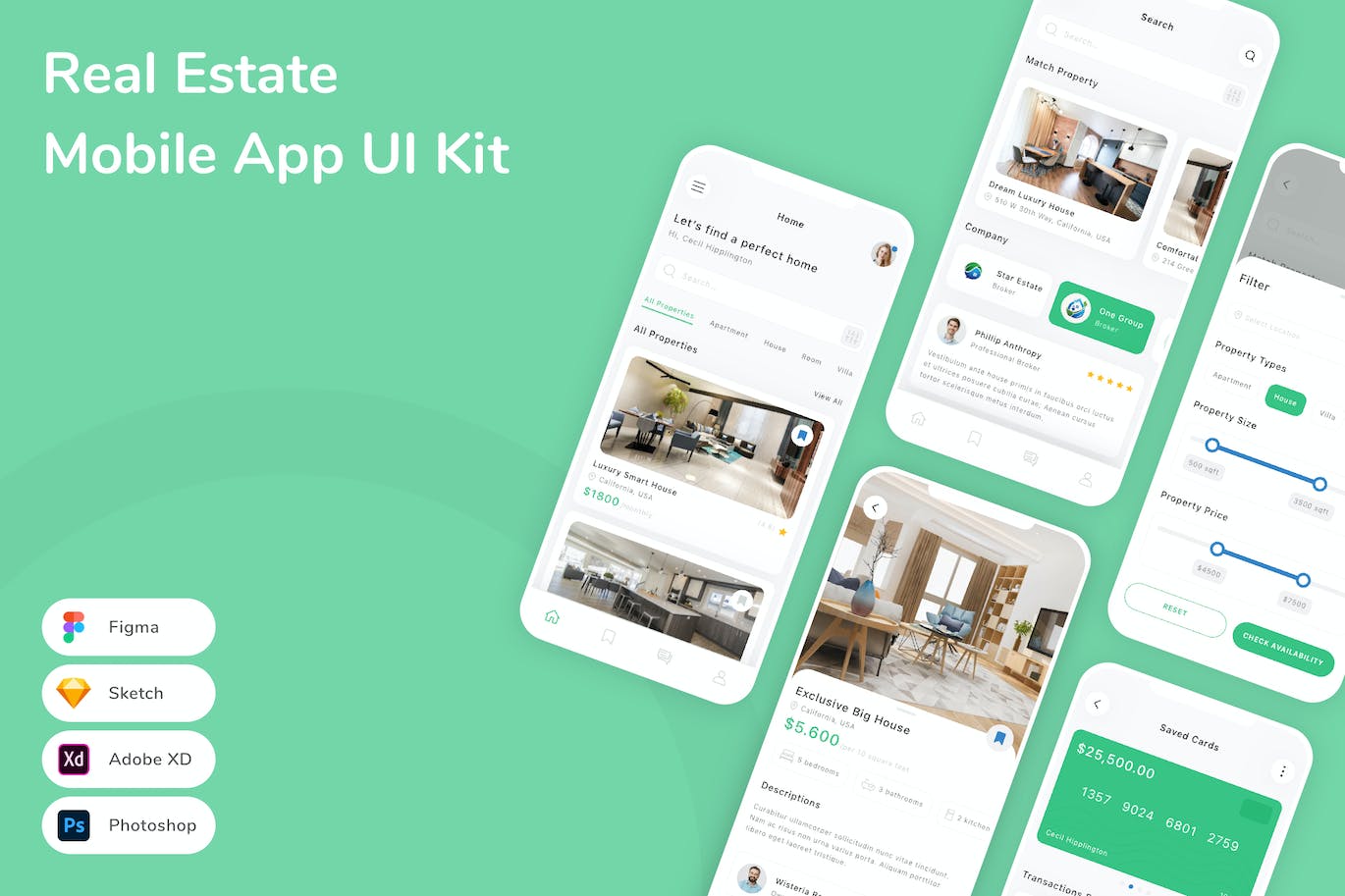 房地产移动应用 App UI Kit (FIG,PSD,SKETCH,XD)