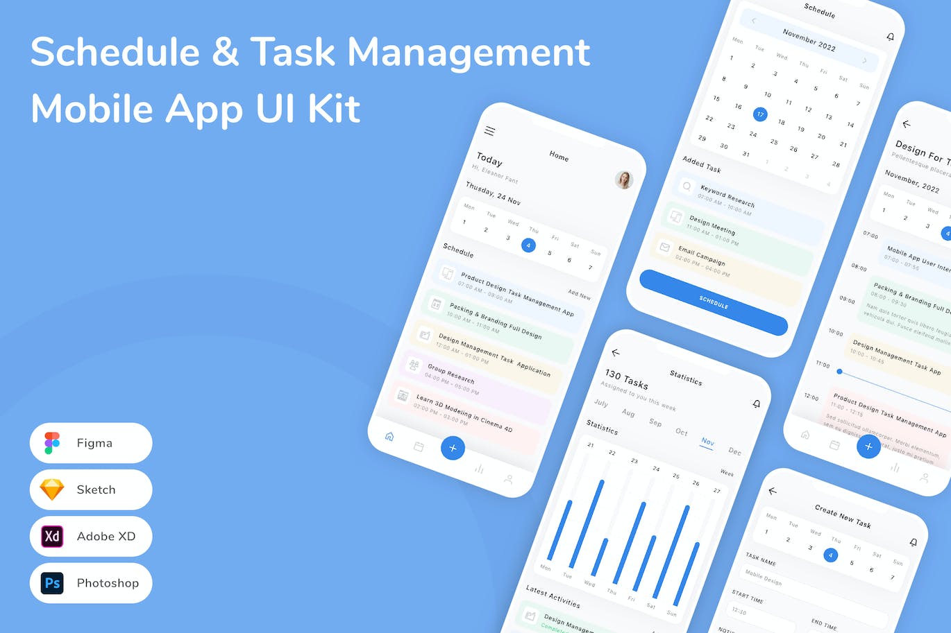 日程和任务管理移动应用APP UI KIT (FIG,PSD,SKETCH,XD)