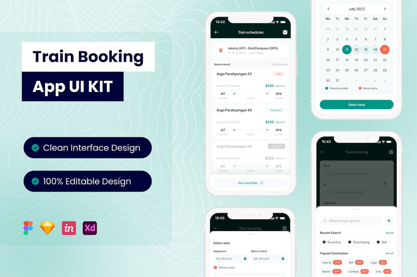 火车预订手机应用App UI Kit (FIG,SKETCH,XD)